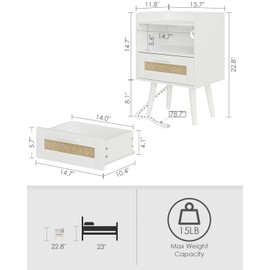 AEPOALUA Nightstand,Boho Bedside Table,Rattan Night Stand with Rattan Decorated Drawers,Bedside Furniture, Wood End Table for Bedroom,Living Room,Natural (Bohemian-Outlet, White)