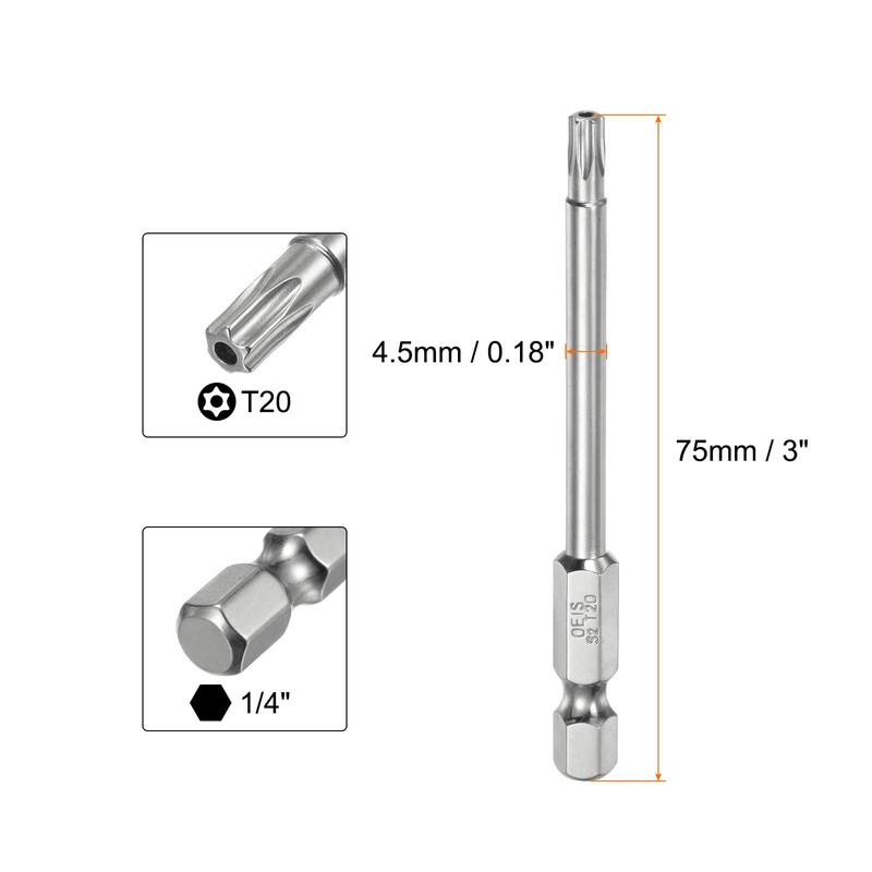 sourcing map T20 Security Torx Bit 1/4" Hex Shank 3"