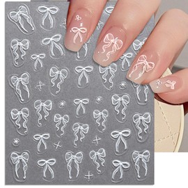 IDDFEVE Bow Nail Art Stickers - White Pink Bow Self-Adhesive Nail Decals for DIY Valentines Day Manicure (3 Sheets)
