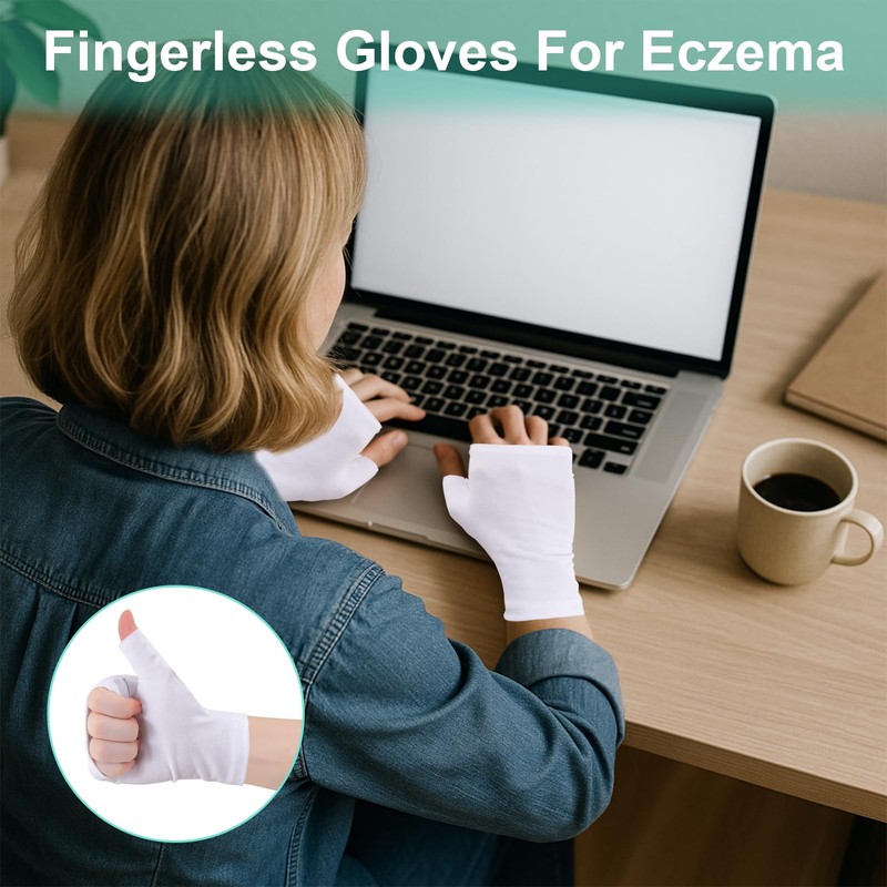 6 Pairs Fingerless Eczema Gloves, Soft White Cotton Gloves for