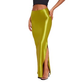 Molisry Women's Satin Side Slit Skirt High Waisted Soft Elegant Casual A-Line Cocktail Wedding Long Maxi Skirt Yellow