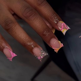 24 Pcs Colorful French Tip Press on Nails Short Duck Fake Nails Handmade False Nails with 3D Ripple Rhinestone Design Acrylic Nails Press ons Short Duck Nails Full Cover Glue on Nails for Women