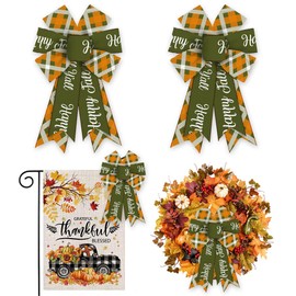ALIBBON 2Pcs Fall Bows for Wreaths, Thanksgiving Wreath Bows, Happy Fall Bows, Green Orange Buffalo Plaid Bows for Front Door, Fall Thanksgiving Decor, Burlap Bows for Wreath Indoor Outdoor Decor
