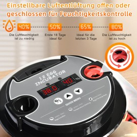 Fully Automatic Egg Incubator 12 Eggs with Water Supply, Automatic Egg Turner and Temperature Control, Moisture Incubator, Incubator for Chickens, Quails, Ducks