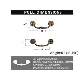 HOUSEHOOK 4 PCS Antique Brass Metal Drop Bail Pulls, 4-1/4" Center to Center, Vintage Shabby Chic Drawer Handles for Dressers, Cupboards, Wardrobes, and Kitchen Cabinets
