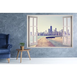 Willis Tower Chicago View Window 3D Wall Decal Art Removable Wallpaper Mural Sticker Vinyl Home Decor West Mountain™ W162 (Small (24''W x 17''H))