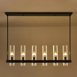 GZDEZCL Black Linear Chandelier 42" Dining Room Light Fixtures Over Table 6 Light Large Modern Farmhouse Chandelier Hanging Pendant Light Rectangle Kitchen Island Lighting with Glass Shade