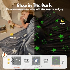 Winthome Glow in Dark Blanket, Soft Flannel Fleece Stars Blanket,All Season Throw Blanket for Kids (Grey, 130x170cm)
