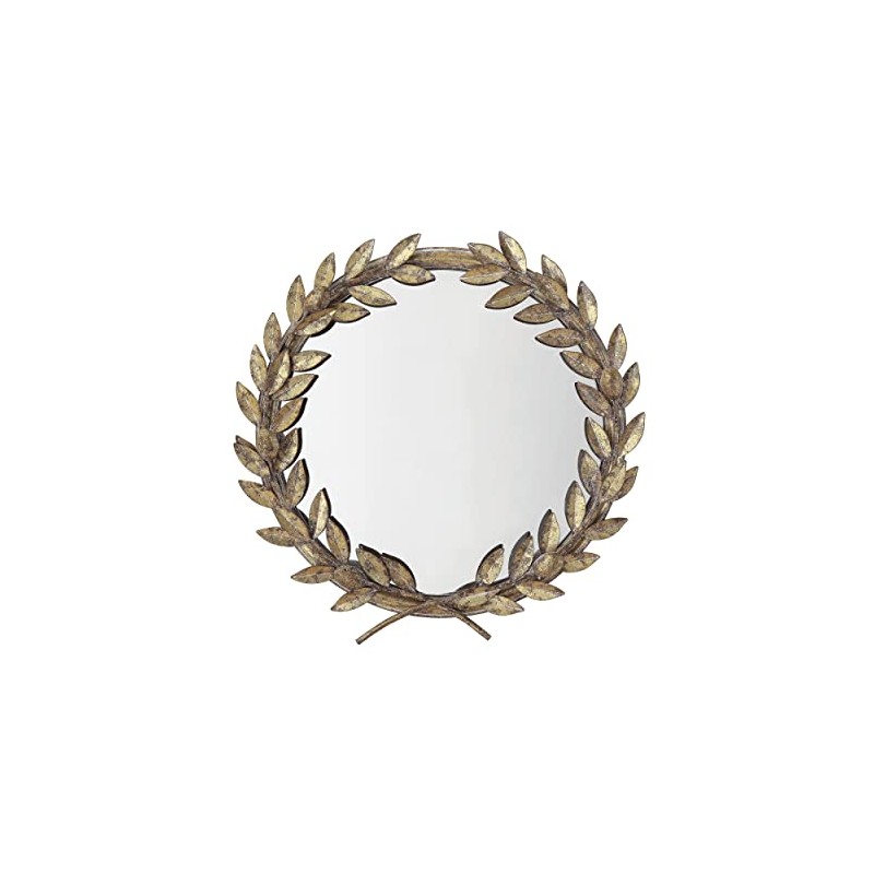 Round Antique Gold Metal Laurel Wreath Wall Mirror