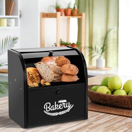 Pitmoly Stainless Steel Bread Box, 2 Layer Roll Top Bread Boxes, Large Capacity Food Storage Container for Kitchen Counter, Metal Bread Bin, Bread Holder for Countertop 12.6" x 9.7" x 12.8" (Black)