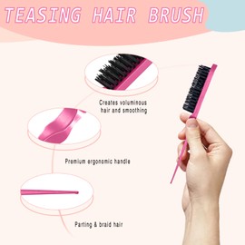 3 Pieces Hair Styling Comb Set Teasing Hair Brush Rat Tail Comb Edge Brush for Edge&Back Brushing, Combing, Slicking Hair for Women (Rose Red)