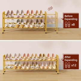 FAVOOSTY 2-Tier Expandable Shoe Rack, Adjustable Shoe Shelf Storage Organizer Space Saving Metal Free Standing Shoe Rack for Entryway Closet Doorway, Gold