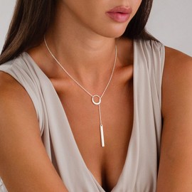 JIKASI Long Necklaces for Women Trendy Sterling Silver Plated Y Long Necklace Drop Bar Pendant Lariat Y-Shaped Necklace Silver Dainty Jewelry Gifts for Women