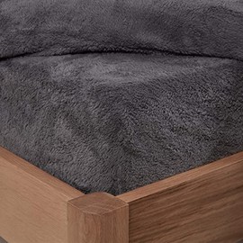 Brentfords Teddy Fleece Fitted Bed Sheet Plain Thermal Warm Soft Luxury Bedding, Charcoal Grey - Kingsize