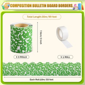 AWIZOM 99 Feet Composition Bulletin Board Border Composition Scalloped Border Trim Green and White Composition Classroom Decorations for Christmas Holiday Back to School Party Classroom Decor,3 Rolls