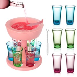 XXIV Solar Terms 6 Shot Glasses Beverage Dispenser Holder, Adjustable Liquid Dispenser, Shot Pourer with 6 Colorful Acrylic Cups, Suitable for Cocktail, Wine and Cider Parties(Pink-Colorful)