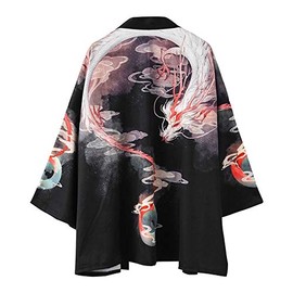 Siehin Men's Dragon Print Spring Summer Kimono Cardigan Japan Happi Kimono Jacket Yukata Coat Ukiyoe Baggy Tops, black