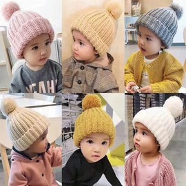 Baby Boys' Autumn/Winter Knit Beanie Hat with Pom-pom - Wool One Size + Khaki 3ea