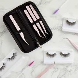 Juego de 6 pinzas de precisión para extensiones de pestañas con estuche de almacenamiento (rosa claro)