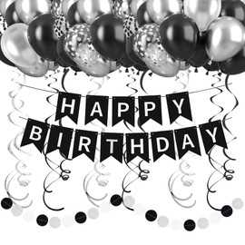 CANREVEL Black and Silver Happy Birthday Decorations, Happy Birthday Banner, Hanging Swirls, Circle Dots Garland, Party Balloons, Silver and Black Birthday Party Supplies Decorations for Women Men