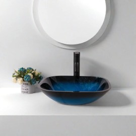 Blue Artistic Tempered Glass Vessel Sink With Faucet And Pop Up Drain For BathroomColor: as Pic Color