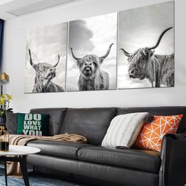 LXTOPN Highland Cow Canvas Pictures, Highland Cow Picture, Set of 3 Black and White Highland Cow Posters for Bedroom, Living Room, Modern Decoration, No Frame (Black White, 30 x 40 cm)