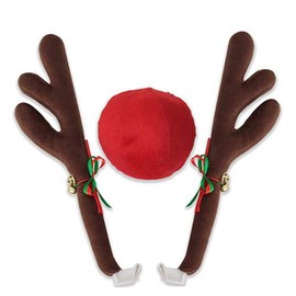 Jaxbo Christmas Reindeer Antlers Car Decoration Kit Plush Rudolf Auto Reindeer and Red Nose Set with Jingle Bells - Best Chrictmas Gift Choice