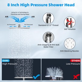 Hibbent All Metal Rain Shower Head, 8'' High Pressure Rainfall Square Showerhead with 16" Shower Head Extension Arm, Solid Brass Adjustable Shower Arm Extender, Waterfall fixed Showerheads, Chrome