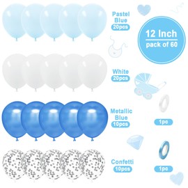 Blue White Balloons, Ousuga 60 pcs 12 Inch Matte White Blue Metallic Silver Confetti Latex Balloons Set For Girls Boys Birthday Baby Shower Wedding Gender Reveal Baptism Anniversary Party Decorations