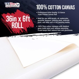 U.S. Art Supply 12-Ounce Triple Primed Gesso 36" Wide x 6' Long (2 Yards), 100% Cotton, Acid-Free - Unstretched Canvas Rolls for Painting, Oil & Acrylic, Murals - Cut to Frame Size