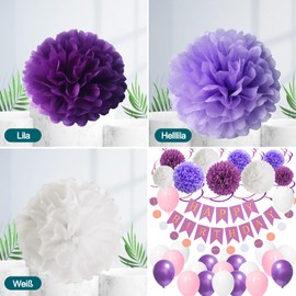 Pompoms Decoration, Pack of 24 Tissue Paper Pompoms Decoration, Tissue Paper Pompoms, Tissue Paper Pompoms, Paper Flower, 3 Colours and 3 Sizes, for Wedding Party Decorations, Purple, Light Purple,