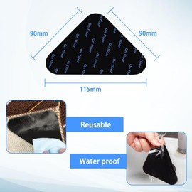 wimony 12 Pieces Rug Grippers，Anti Slip Rug Grips，Rug Stickers for Wooden and Hard Floors，Reusable Rug Anti Slip Pads(Black Rounded Triangle 90 * 90 * 120mm)
