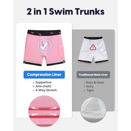 MaaMgic 7" Mens Swim Shorts with Compression Liner 4-Way Stretch Bathing Suit Swimming Shorts with Pockets,Pink Shark - Black,L