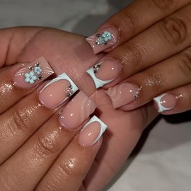 FNKFNK White French Tip Press on Nails Short Square Fake Nails with Floral Rhinestones Designs 3D Water Ripples False Nails Glossy Nude Pink Glue on Nails Reusable Acrylic Nails for Women 24Pcs