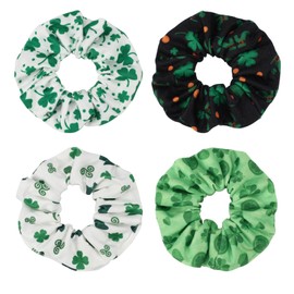 Lonext 4 Pieces St. Patrick's Day Hair Scrunchies Irish Green Shamrock Holiday Elastic Hair Bands