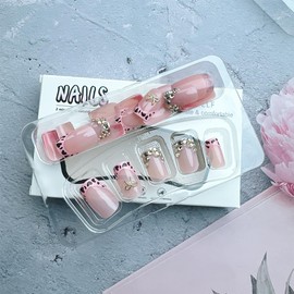 24 Pcs Pink French Tip Press on Nails Short Square Bow Fake Nails with Glitter Rhinestones Design Leopard French Fake Nail Tips Glue on Nails Full Cover Artificial Nails for Women Manicure Decor
