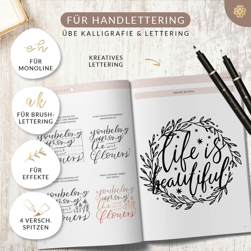 LEBENSKOMPASS Hand Lettering Pens Set of 6 Water-Based Hand Lettering