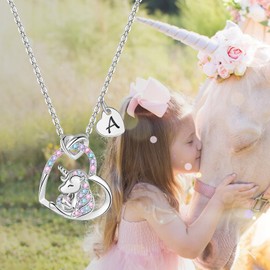 Aueoero Gifts for Girls Kids, Initial Unicorns Necklace for Girl Teens Initial Heart Pendant, Girls' Birthday, Christmas Gift (K, Silver)