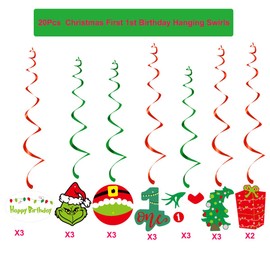 20Pcs Christmas 1st Birthday Hanging Swirls, Xmas Red Green Christmas First Birthday Party Hanging Decor Whirl,Cartoon Ceiling Streamers for Christmas Birthday Party,Guess Who is Turning One