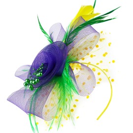 DRESHOW Fascinators Hat Flower Mesh Ribbons Feathers on a Headband and a Forked Clip Cocktail Tea Party Headwear for Girls and Women