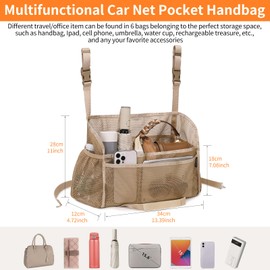 SUOVOCK Car net pocket handbag holder, car purse holder, Car net pocket, can be used to store items, protective barrier for children and pets in the back seat of car (Light brown)