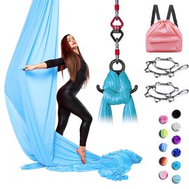 SYCYKA Yoga Swing Set - 10M Aerial Silks Kit for Home Silk Swing for Gymnastics 11 Yards Aerial Yoga Hammock Starter Kit with Hardware (Lake Blue)