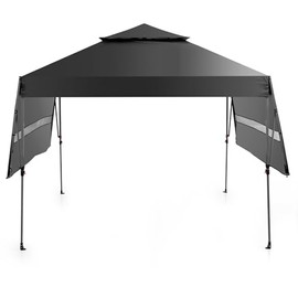 Tangkula 10x17.6 Ft Pop Up Canopy with Adjustable Dual Awnings, 2 Tier Outdoor Canopy Tent with 8 Stakes, 4 Ropes, 4 Sand Bags, Wheeled Bag, Easy Setup Instant Tent for Patio, Market, Picnic (Black)