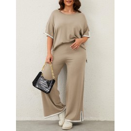 Imily Bela Womens Plus Size Lounge Sets 2 Piece Outfits Short Sleeve Pullover Tops Wide Leg Pants Summer Travel Outfits Light Khaki