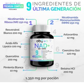 NMN + NR Nicotinamida Ribosa + Trans-Resveratrol ≥99% | Suplemento con 9 ingredientes activos | Alta pureza, cápsulas veganas | CoQ10, Quercetina ≥95%, ALA, Astaxantina, Piperina ≥95% | 62 capsulas