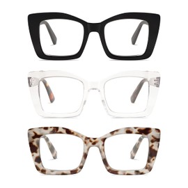 3-Pack Retro Square Reading Glasses for Women Trendy Blue Light Blocking Readers 1.5 with Spring Hinge AM6066 Mix (+0.00 Magnification Strength)