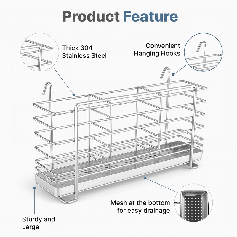 KESOL 304 Stainless Steel Utensil Drying Rack with Hooks &