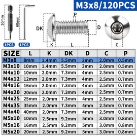 XRXYMQ M3 Bolts 120 Pcs Bolt M3 x 10 mm Hex Socket Button Head Screws Stainless Steel Bolts A2 Machine Screw for Home Furniture Wood Assembly Repair Industrial Electronic