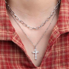 TseenYi Cross Pendant Layered Necklace Layered Paperclip Choker Necklace Silver CZ Cross Pendant Necklace Layering Chain Chunky Necklace Boho Crystal Cross Choker Necklace