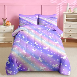 Nesker Comforter Set Twin Size, Purple Colorful Unicorn 5 Pcs Bedding for Kids Teens, Rainbow Star Bed Sheet with Pillowcase & Sham